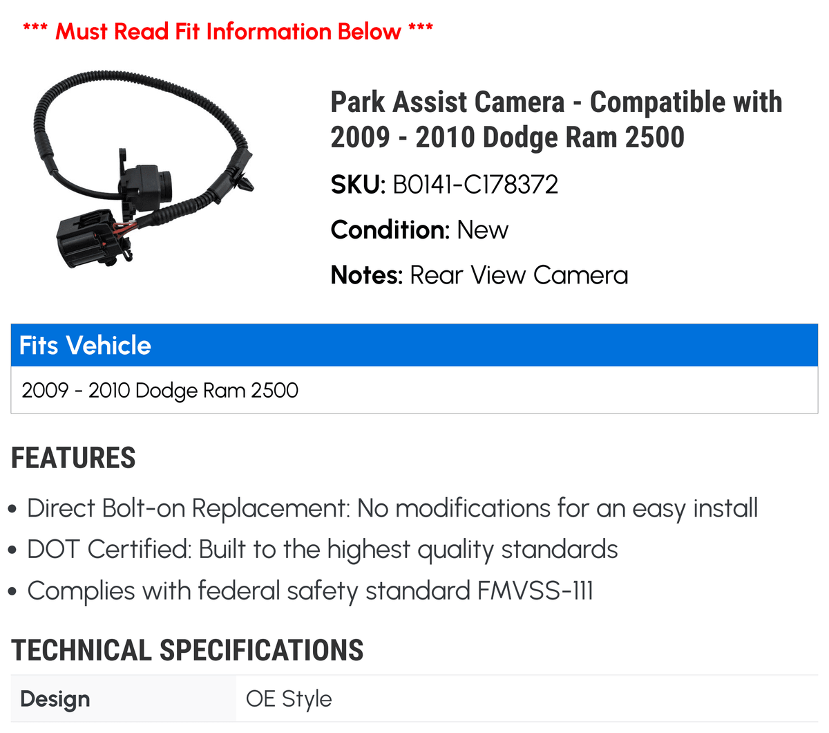 Dodge 2009 2500 - - Ram Park Camera Compatible Assist 2010 with