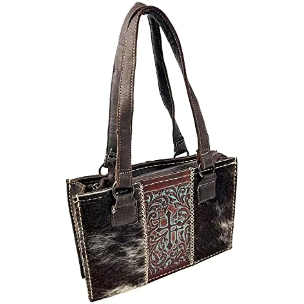 In Zipper Purses Brown) Western Tote Crosses Handbag the Western Genuine Leather Hand Dark Shoulder Urbalabs with Women Over CowHair (Dark Stitched Purse Brown Bag for Tooled