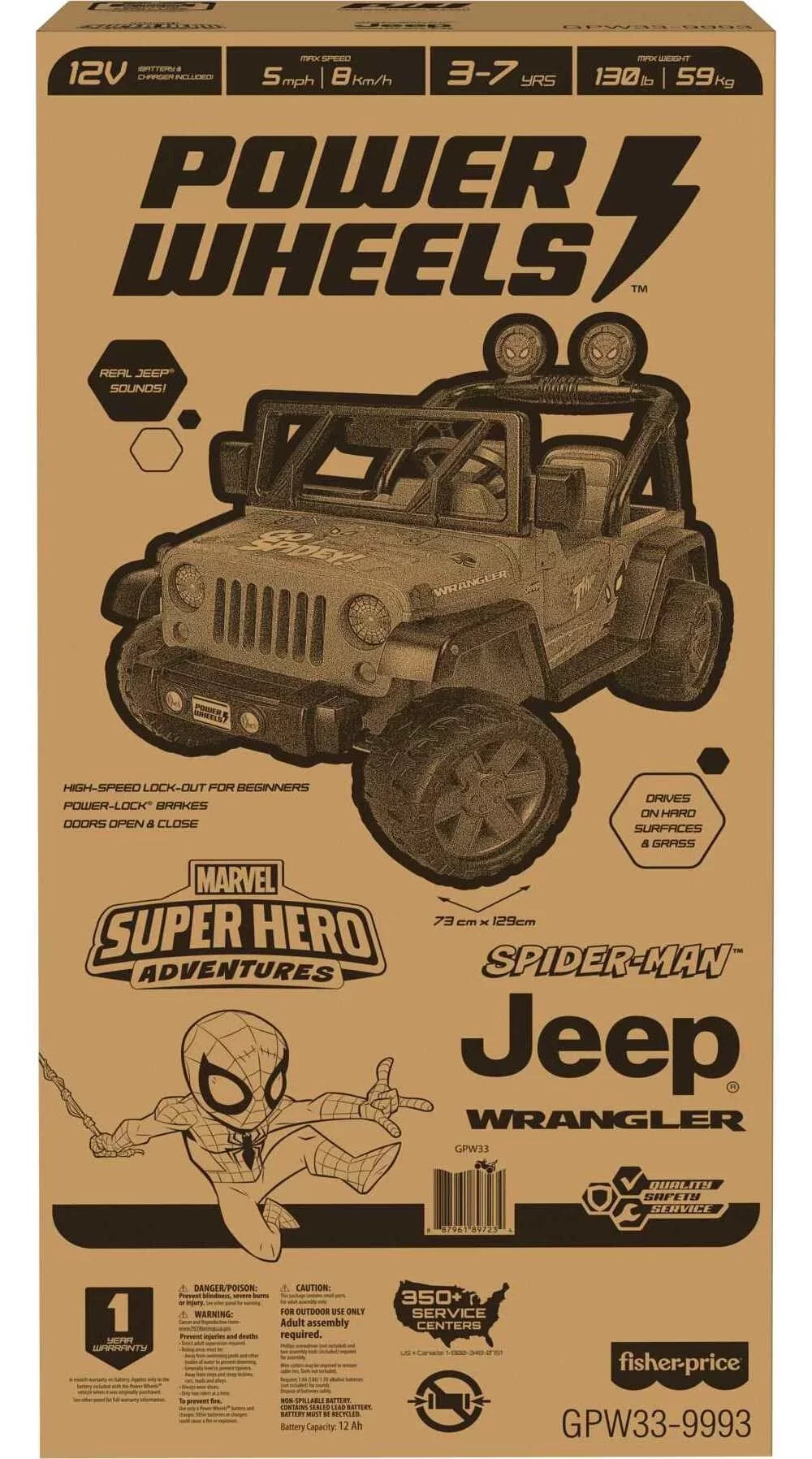 Vehicle Ages Battery-Powered Power 3-7 a Jeep Wrangler Sounds, Spider-Man 12V with Ride-On Child for Wheels