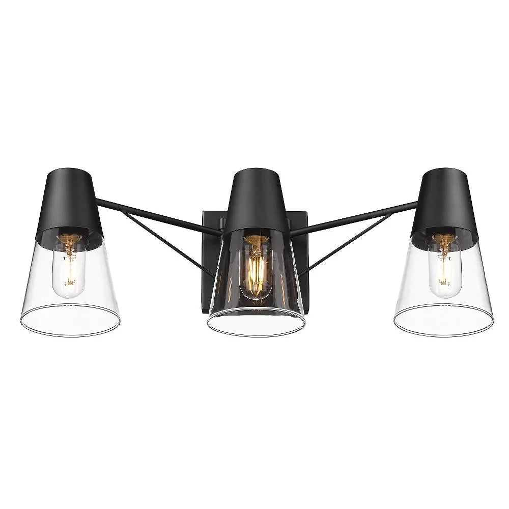 Black/Clear 3-Light Ryker Vanity Bath Matte Metal/Glass Lighting in Golden