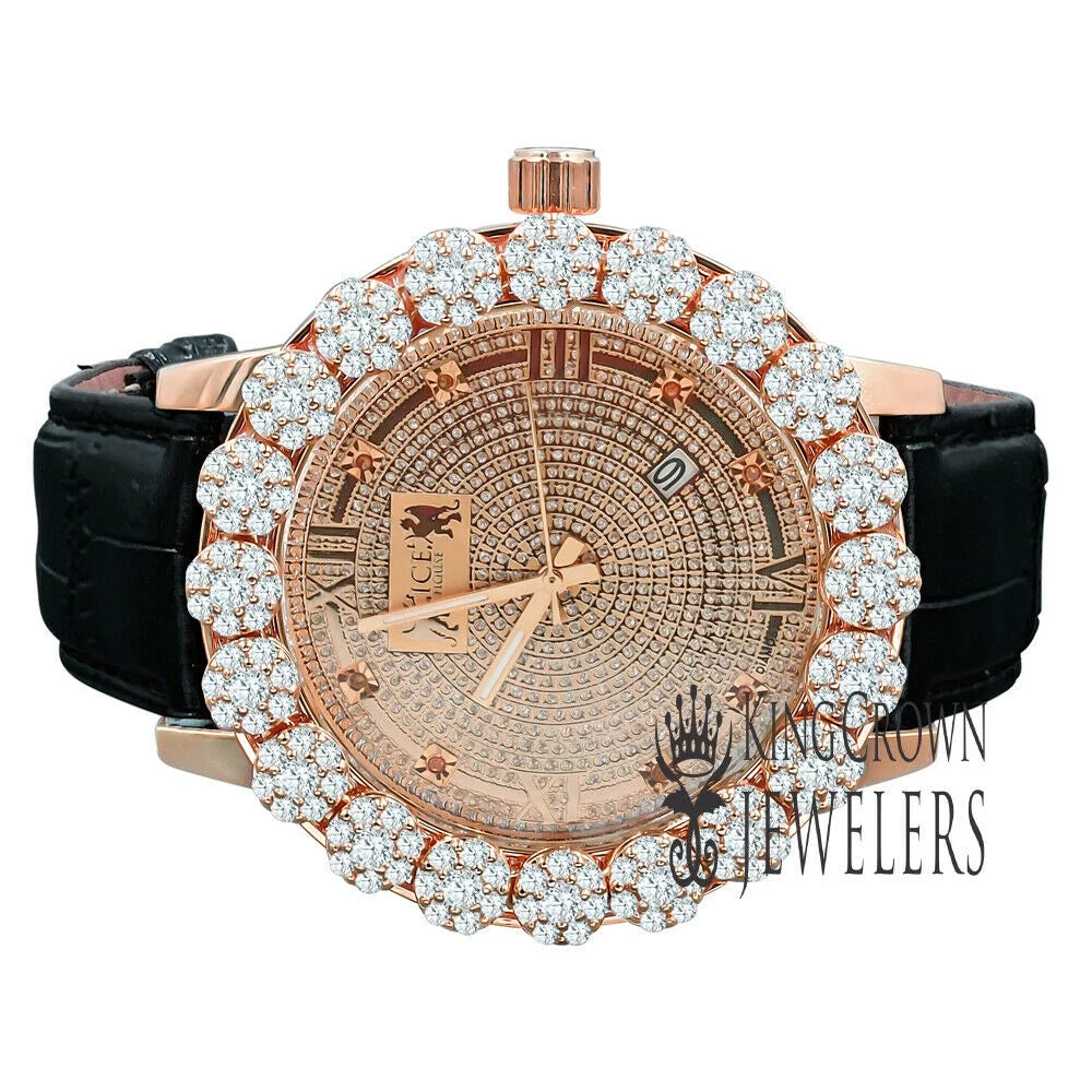 Rose Flower Bezel Genuine Watch Diamond Roman W/Date Dial Leather Mens Wrist Face Khronos Tone Genuine Gold