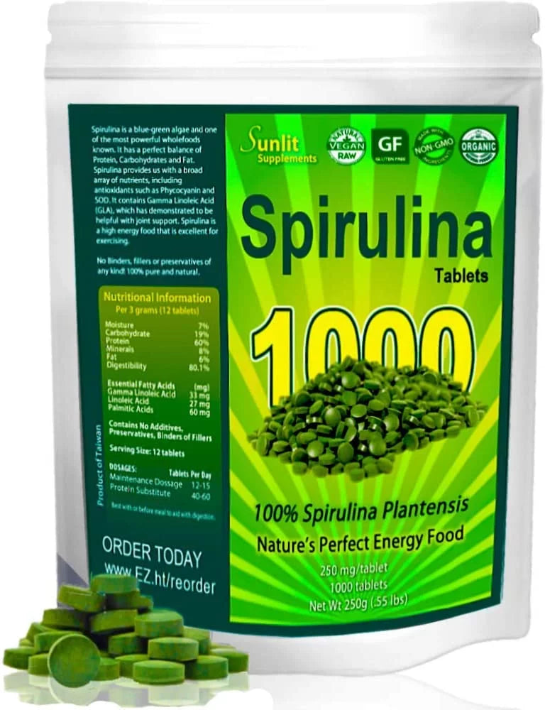 Natural USDA Health Superfood - with Tablet Protein Drink 1000 Supplements Non Greens High & Gut Spirulina Tablets Tab for & Energy Organic Vegan Support, Chlorophyll, Super - Best Sunlit Immune GMO,