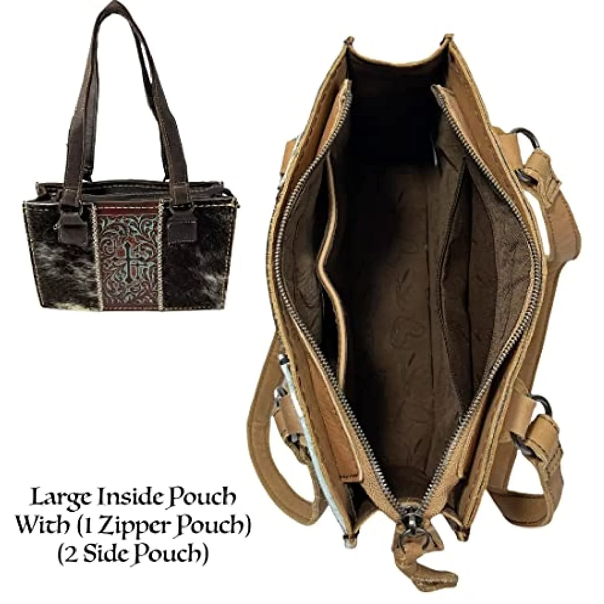 In Zipper Purses Brown) Western Tote Crosses Handbag the Western Genuine Leather Hand Dark Shoulder Urbalabs with Women Over CowHair (Dark Stitched Purse Brown Bag for Tooled