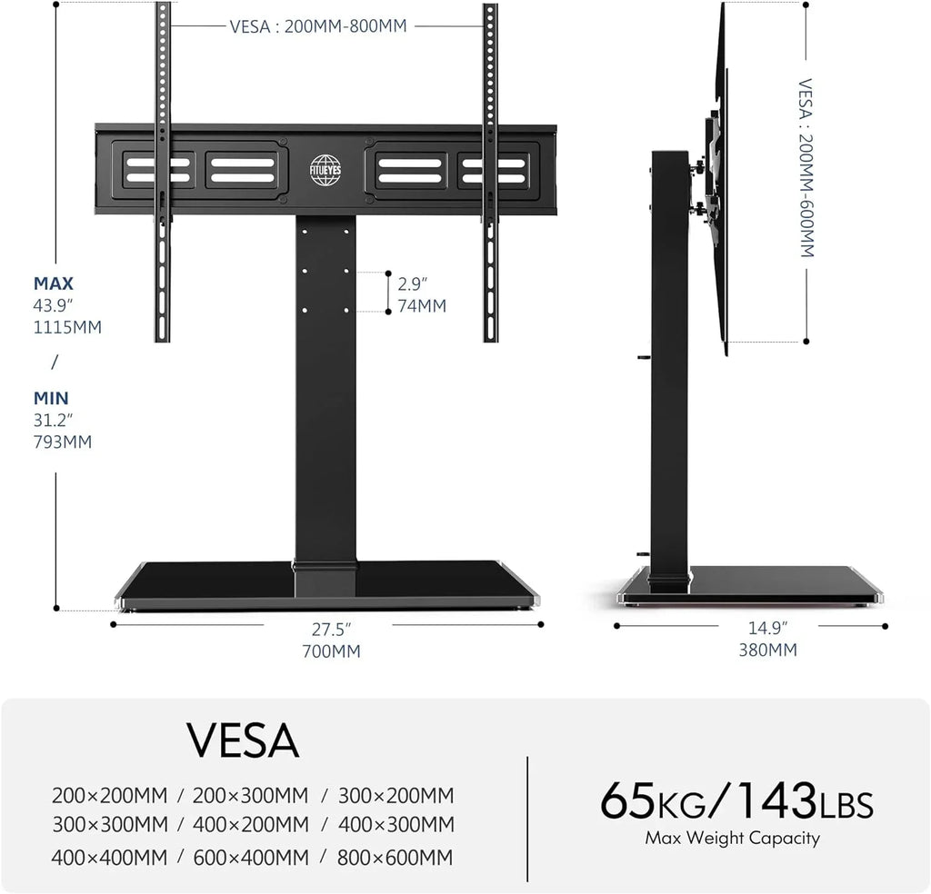 100 up Mount Degree Tabletop 50 with HBBOOMLIFE for 143 Holds Tempered TV Stand/Base Flat 4 lb to to TV Swivel Glass inch Level Height Swivel Screen 85 Base Universal TV Adjustable Stand
