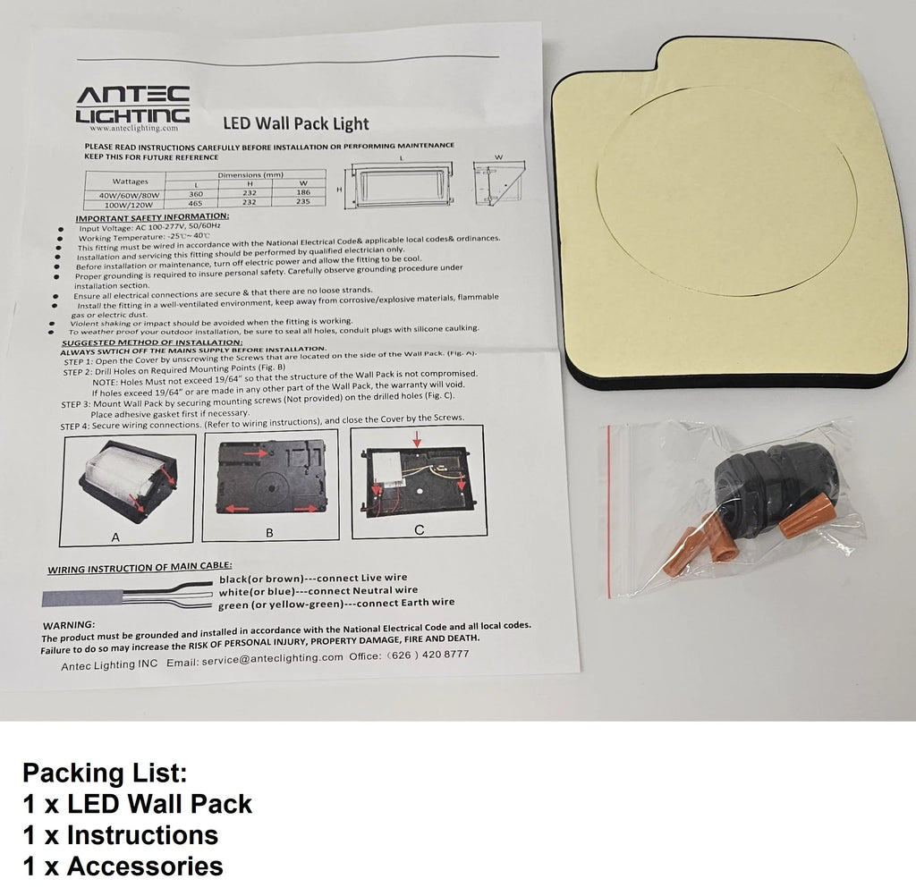 100-277VAC, LED 5000K, Outdoor Wall Weather 40W Light, Pack 5000 Lumens, Resistant, , UL/DLC Antec IP65