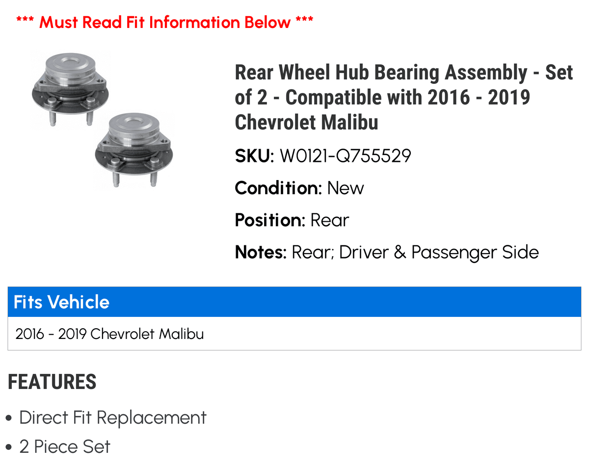 '- Bearing 2 2019 Chevy - - Assembly of Wheel 2018 2017 with 2016 Rear Malibu Set Hub Compatible