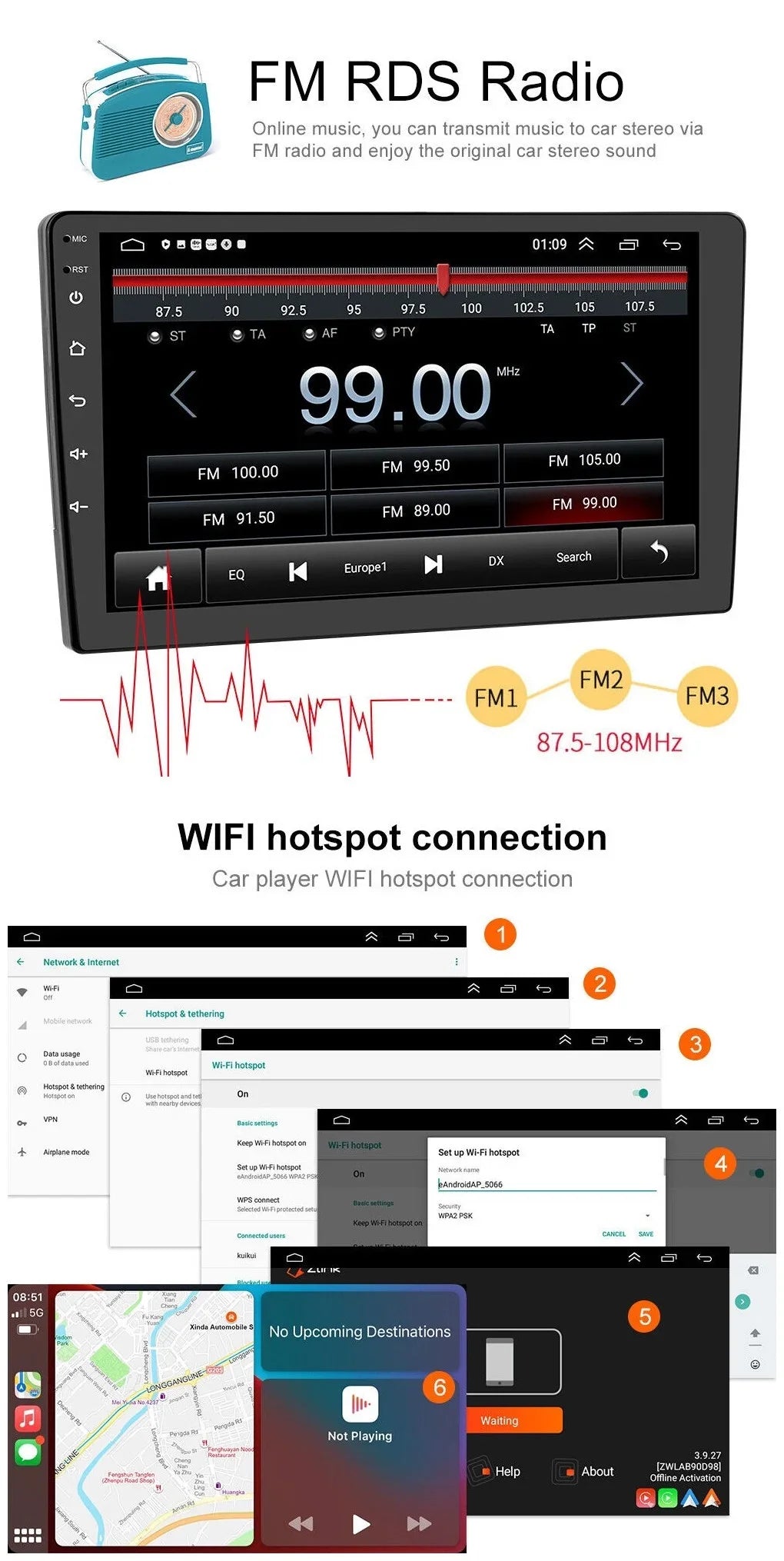 Radio 1280*720 Backup 10.1" Android GPS Bluetooth Din Camera Stereo Screen Double Carplay 2+32GB Android WiFi FM/RDS Car IPS AHD Wireless Auto USB Navigation Receiver