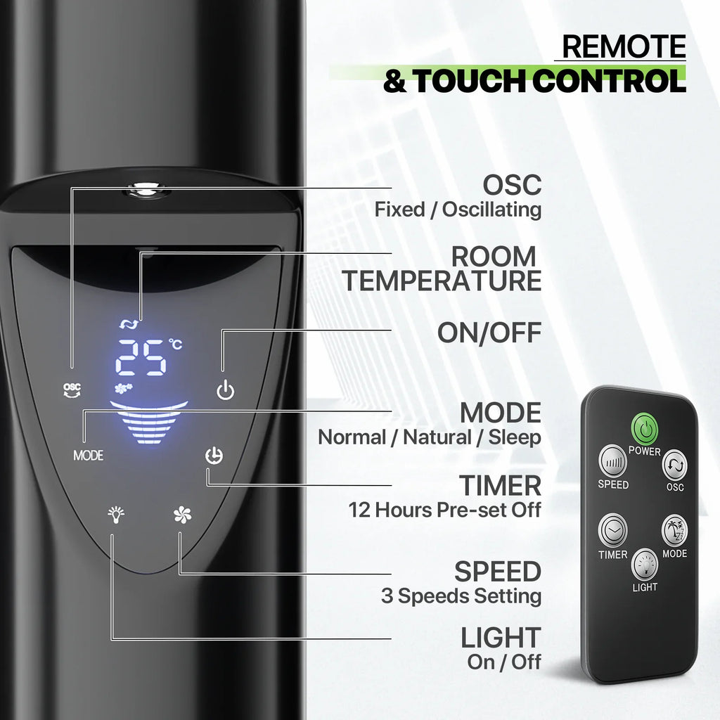 Noise Fan Tower LED 3-Speeds Low USA 47"Oscillating w/Remote Fan & Bladeless