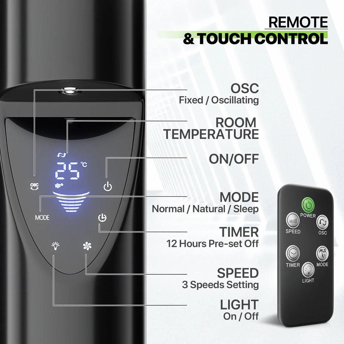 Noise Fan Tower LED 3-Speeds Low USA 47"Oscillating w/Remote Fan & Bladeless