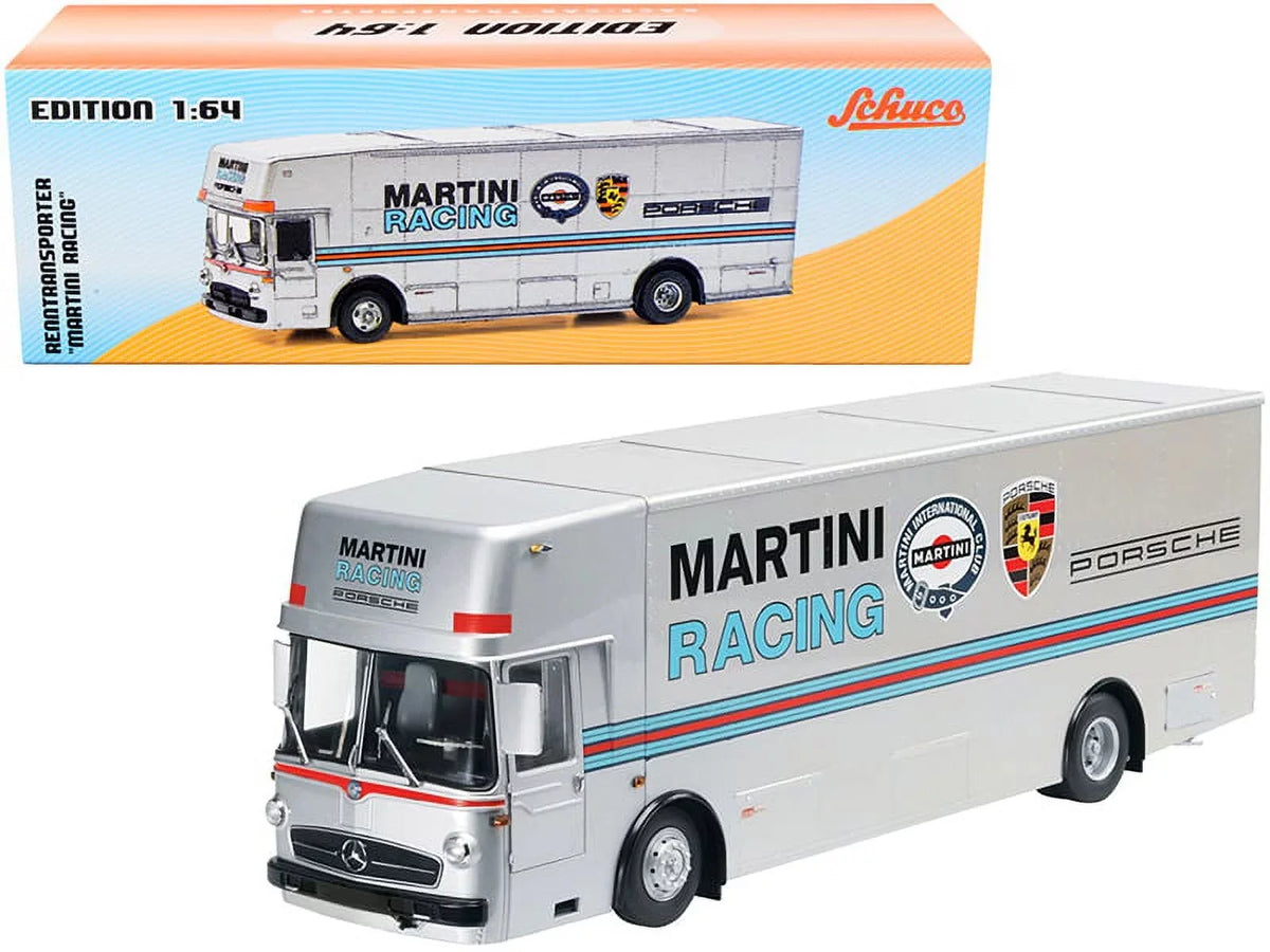Diecast by Schuco Racing" Race Car Mercedes Stripes Model Benz "Martini Transporter Silver 1/64 with