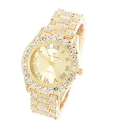 Fully Big Roman ST10327LA (Gold-Gold) Women's Dial Raymond Wristwatch Hop Blinged Out Out Charles - Hip with Rocks Iced Numerals
