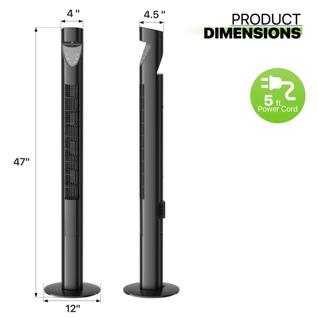 Noise Fan Tower LED 3-Speeds Low USA 47"Oscillating w/Remote Fan & Bladeless