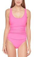 10 US Ruched One-Piece PINK DKNY Mesh-Contrast Swimsuit, NEON