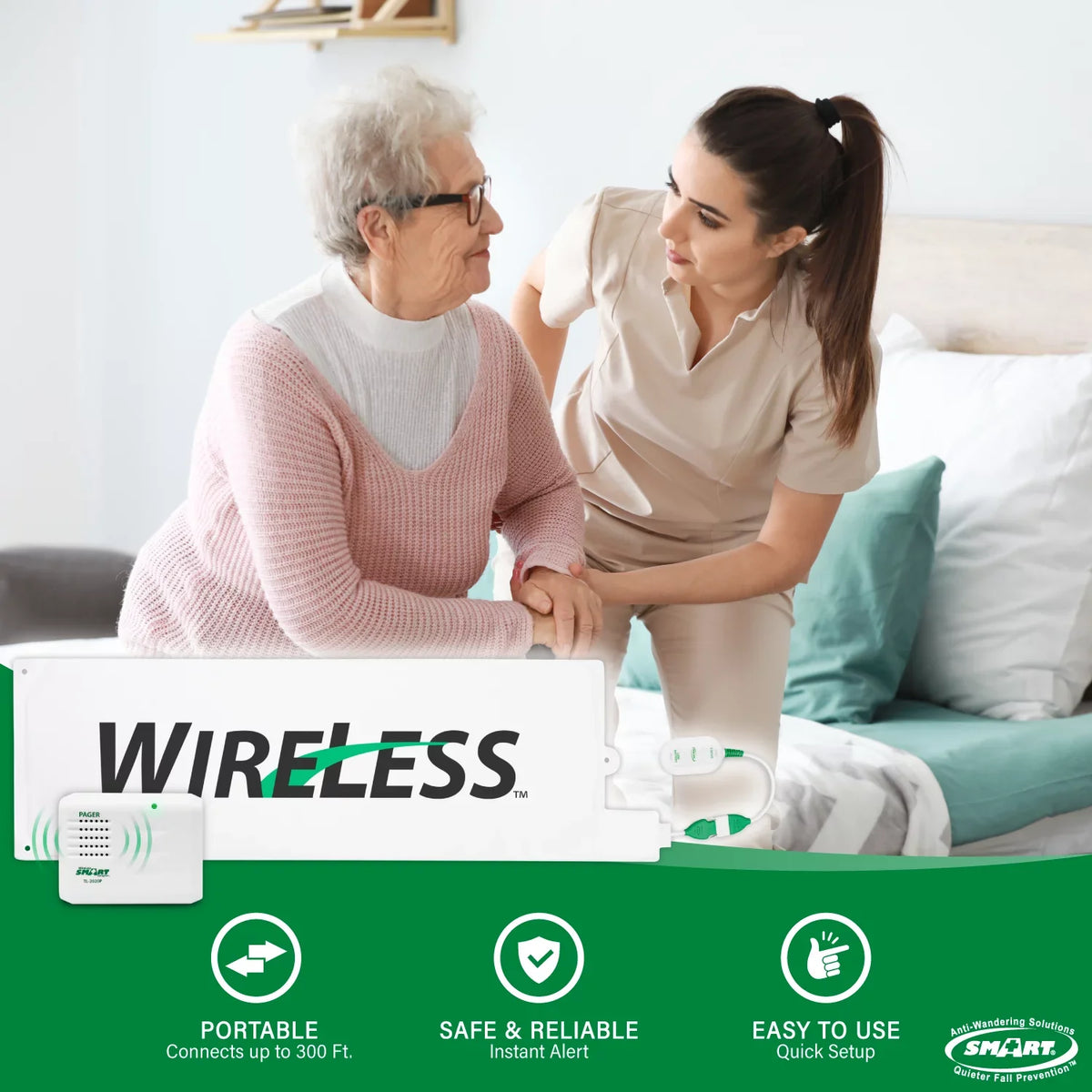 Fall Alarm Alerts Pager to Bed Prevention Sensor Pad with Pad Caregiver | x Alarm for Medical Alarm Bed for Range Up System Caregiver Smart Cordless and 30" | with Weight Bed Wireless 10" 300'