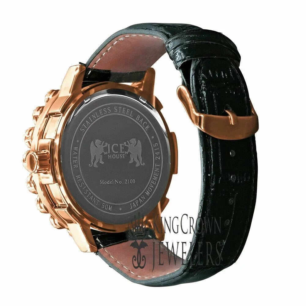 Rose Flower Bezel Genuine Watch Diamond Roman W/Date Dial Leather Mens Wrist Face Khronos Tone Genuine Gold