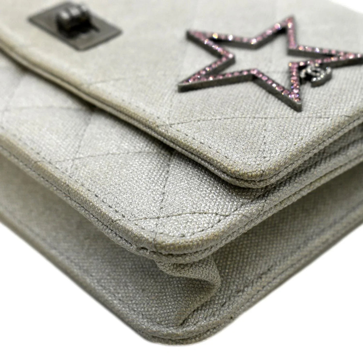 WOC Bag Reissue Crossbody Space Light Canvas Grey Pre-Owned CHANEL Quilted Charm 2.55 Classic