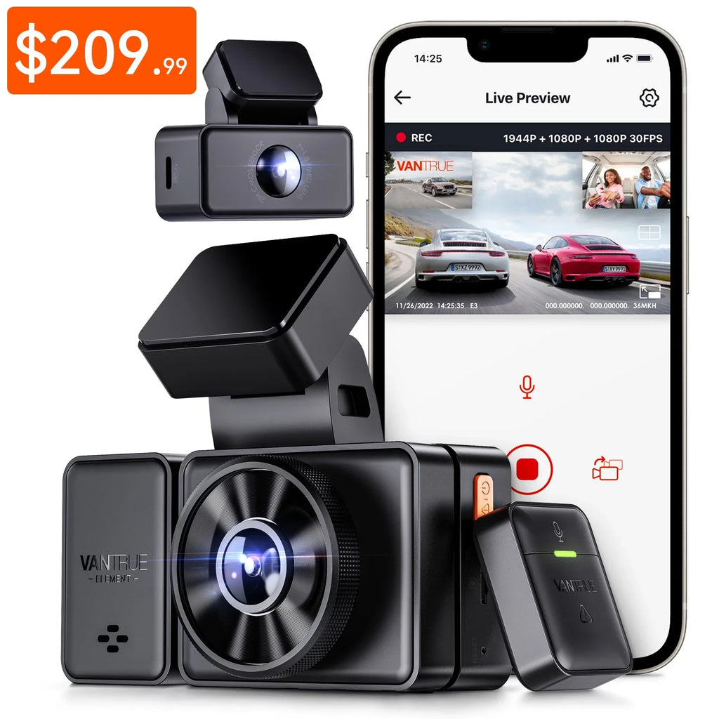 Control, STARVIS Parking Hours Inside, E3 with Rear Way GPS 24 Support WiFi 2.5K Dash Night Camera Vantrue Triple Dash 1944P+1080P+1080P 512GB Voice and 3 Max Vision, Cam Mode, Channel 3 IR Front