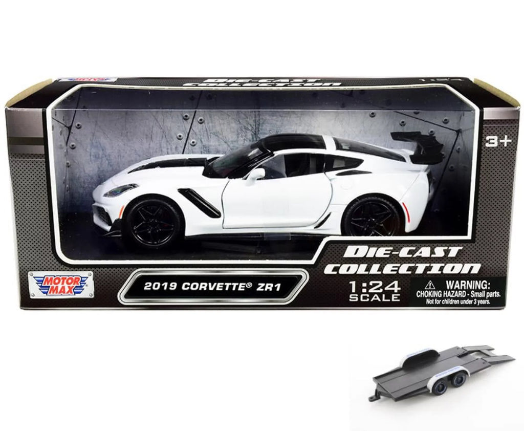 79356WH Diecast 1/24 Diecast scale Chevy Max w/Trailer Model Toy - White - Corvette ZR1, Car - 2019 Motor Car