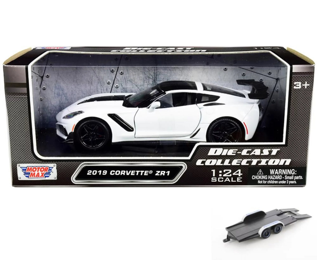 79356WH Diecast 1/24 Diecast scale Chevy Max w/Trailer Model Toy - White - Corvette ZR1, Car - 2019 Motor Car