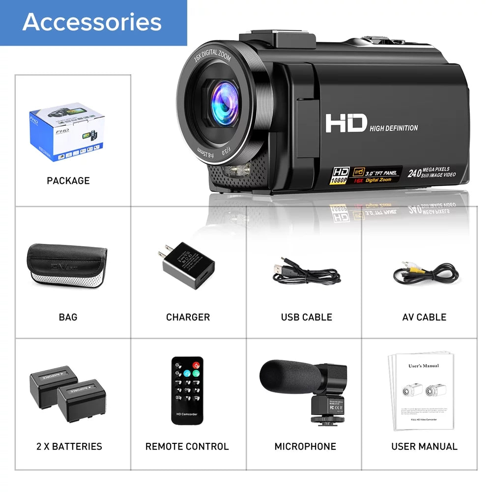 Camcorder 3" Camera 24MP 16X FHD Zoom Recorder with Rotatable Camera 30FPS Digital Digital Camera 1080P YouTube Vlogging 270 Screen Batteries Video Degrees Control,2 LCD Microphone,Remote