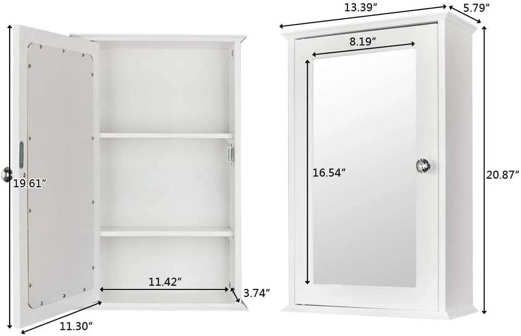 Cabinet with White BSL Medicine Shelves Organizer Bathroom Cabinet 2 Wall Storage Adjustable Mirrored Door and Mount Single