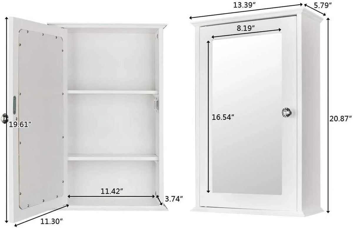 Cabinet with White BSL Medicine Shelves Organizer Bathroom Cabinet 2 Wall Storage Adjustable Mirrored Door and Mount Single