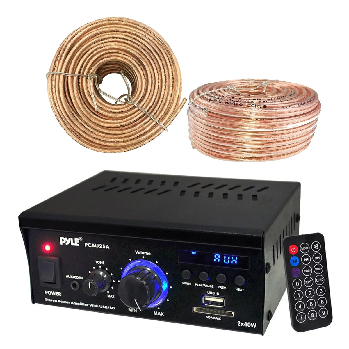 Receiver Audio Display, Speaker LED Readers 18 Inputs Enrock AWG USB/SD 100 & Gauge Wire Cable Feet Amplifier PCAU25A with CD Pyle AUX