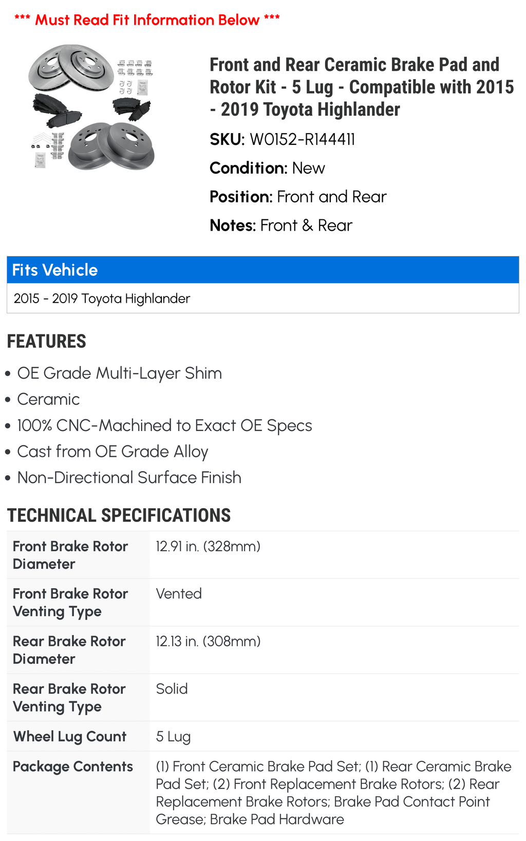 Rotor 5 Kit 2016 Toyota Ceramic Lug Compatible Brake Front 2015 and - with - 2018 2019 2014 2017 - Pad Highlander and Rear