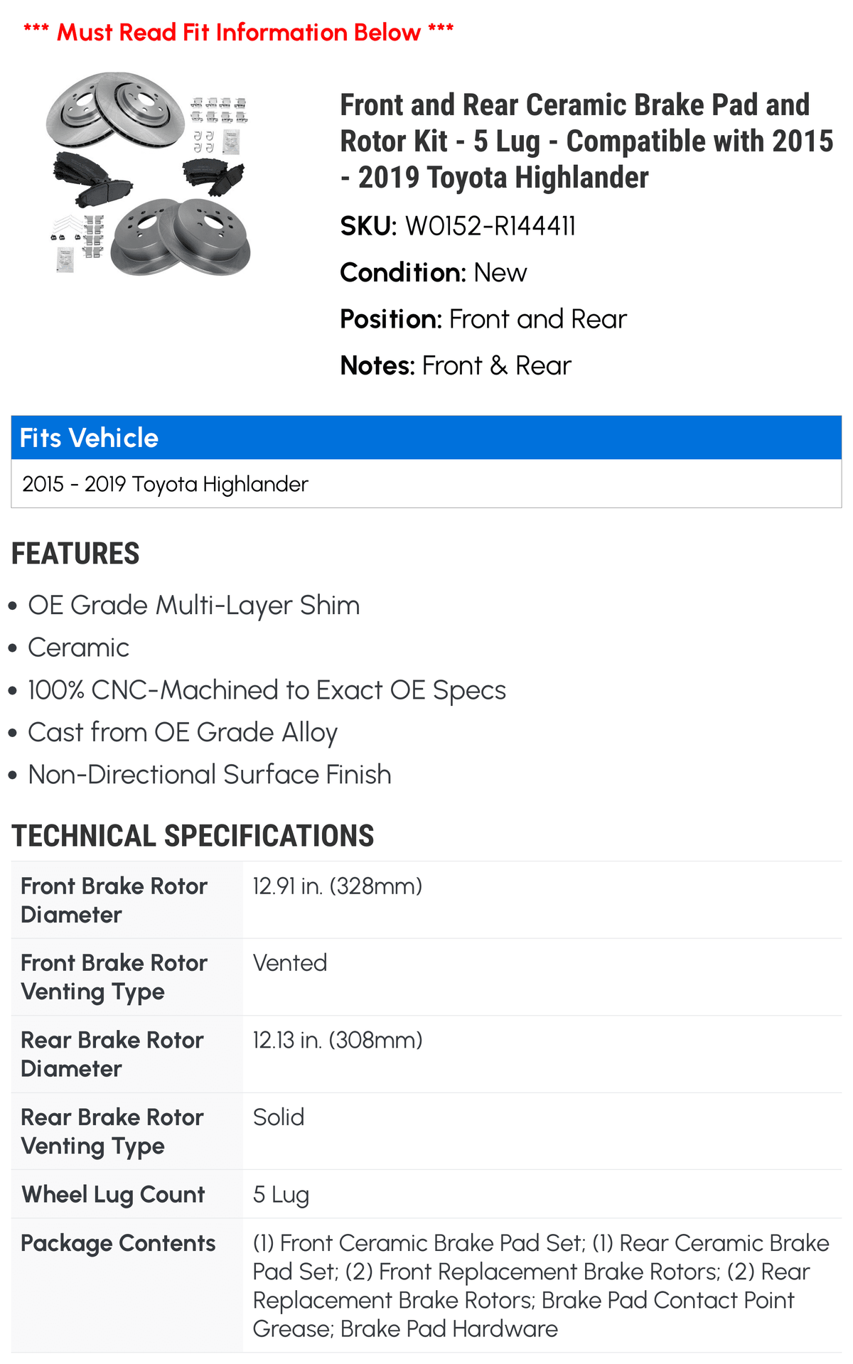 Rotor 5 Kit 2016 Toyota Ceramic Lug Compatible Brake Front 2015 and - with - 2018 2019 2014 2017 - Pad Highlander and Rear