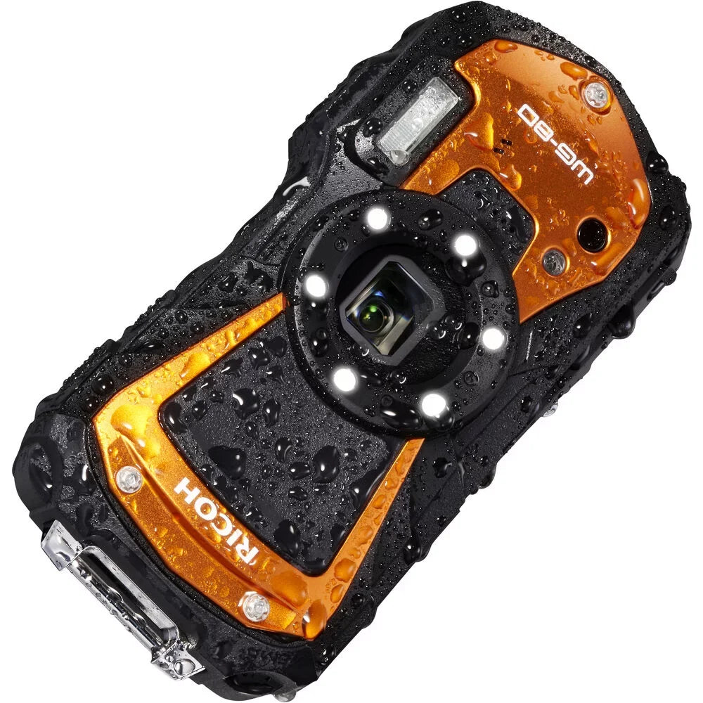 64GB Card + Pro with (Orange) Digital Cleaning Ricoh + Wallet SD Reader 6Ave Selfie Card Case Kit + Memory + Stick Small Memory Camera WG-80 Extreme Waterproof + Card