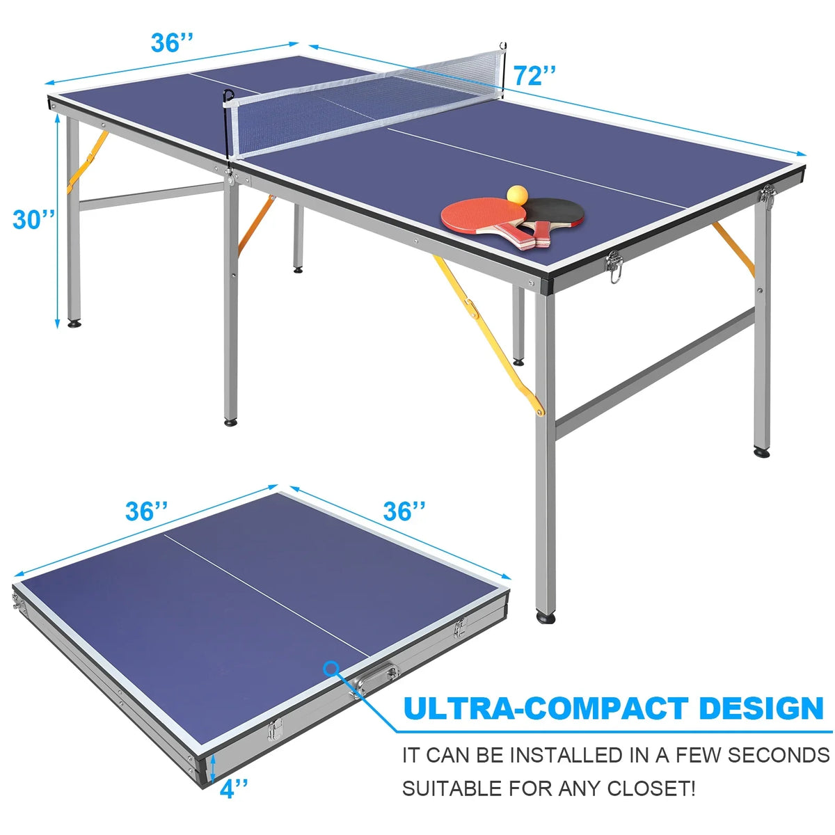 Net, Table Pong for Set, 100% Game Table Foldable Tennis 6ft Pong and Ping Set Table Indoor Outdoor Midsize Folding with Paddles Pre-Assembled Ping 2 Balls, Table
