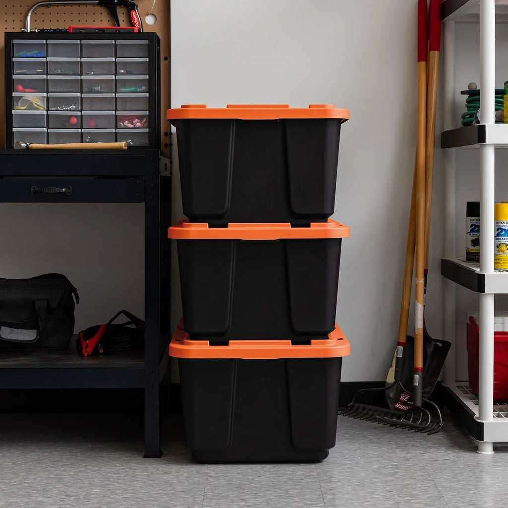 Orange Black 3 108qt/27gal Pack with USA Utility IRIS Lid Tote, Tough Heavy Duty