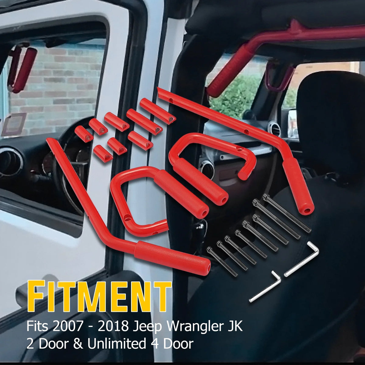 Grab Coated Powder 07-18 Wrangler Full Jeep WEISEN- Bar Red & Handles Rear Front Set for JK Aluminum