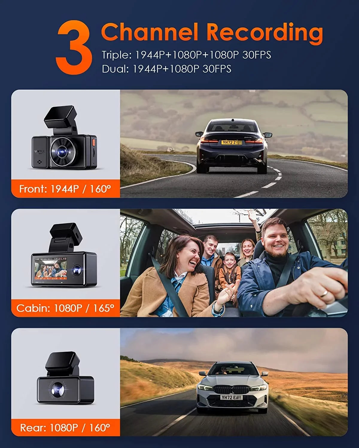 Control, STARVIS Parking Hours Inside, E3 with Rear Way GPS 24 Support WiFi 2.5K Dash Night Camera Vantrue Triple Dash 1944P+1080P+1080P 512GB Voice and 3 Max Vision, Cam Mode, Channel 3 IR Front