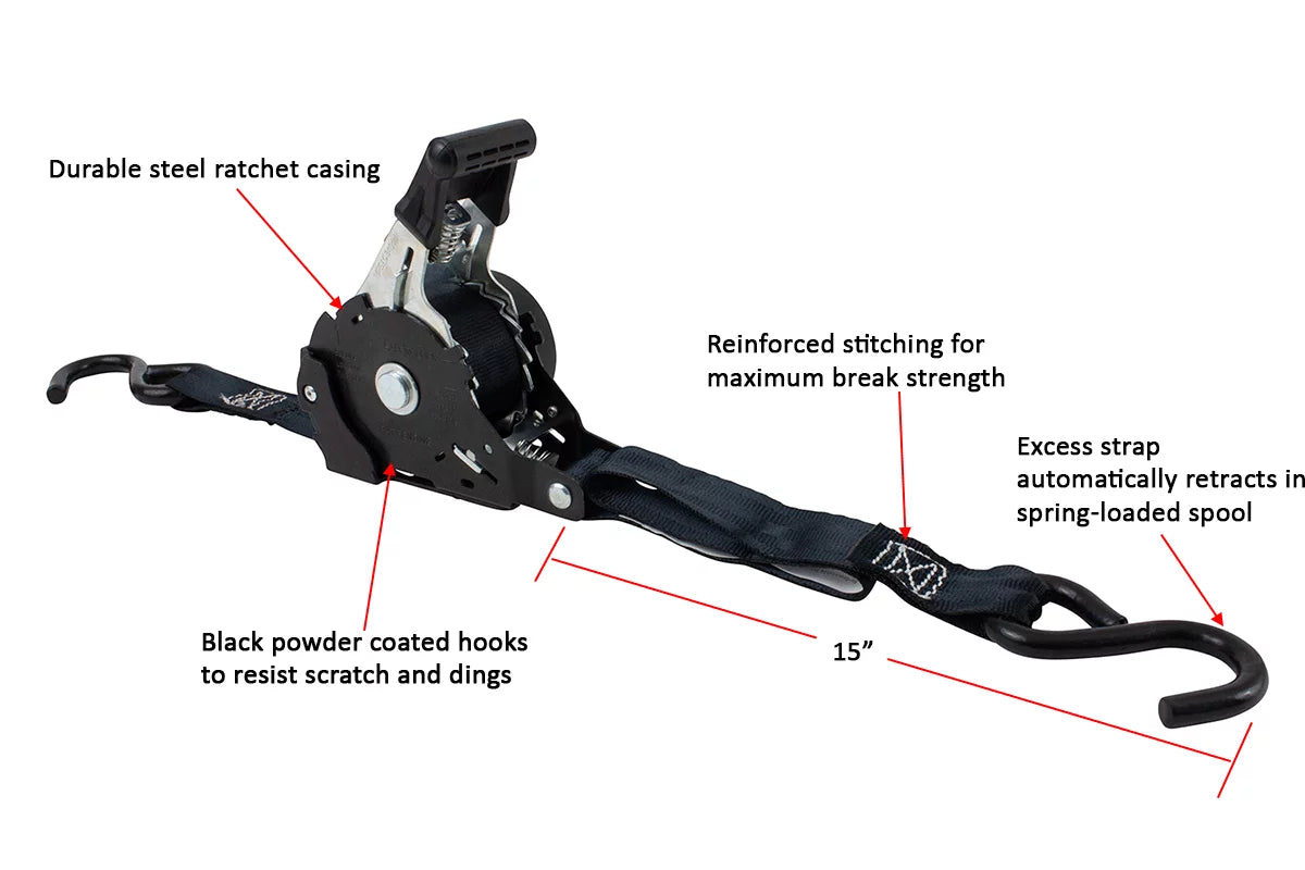 '- NO-RATCHETING Retractable x 12' with Coated Bikes: Tight Straps Straps Tie-Down Ratchet Motorcycles, for Ratchet 1" Pack Tiedowns Pickup & 20 | Retract Auto ATVs, Secure Hook Trailer S