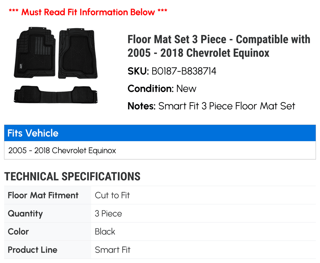 2010 2018 2017 Mat 2014 Compatible 2007 Floor 2011 2006 2013 - Chevy 2008 3 Piece 2009 2012 with - Set 2015 2016 2005 Equinox