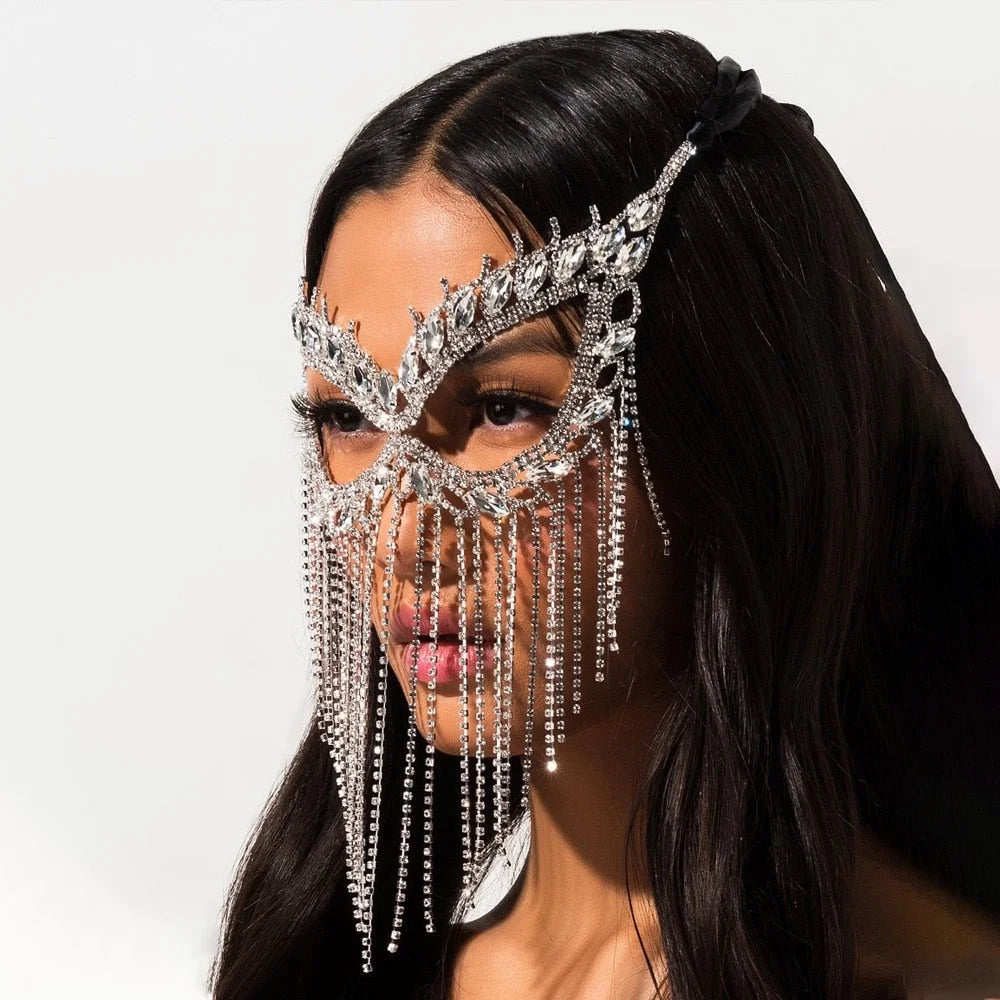 Face Mask Mask Masquerade Jewelry Halloween Women Mask Rhinestone Face Crystal Chain Face Tassel