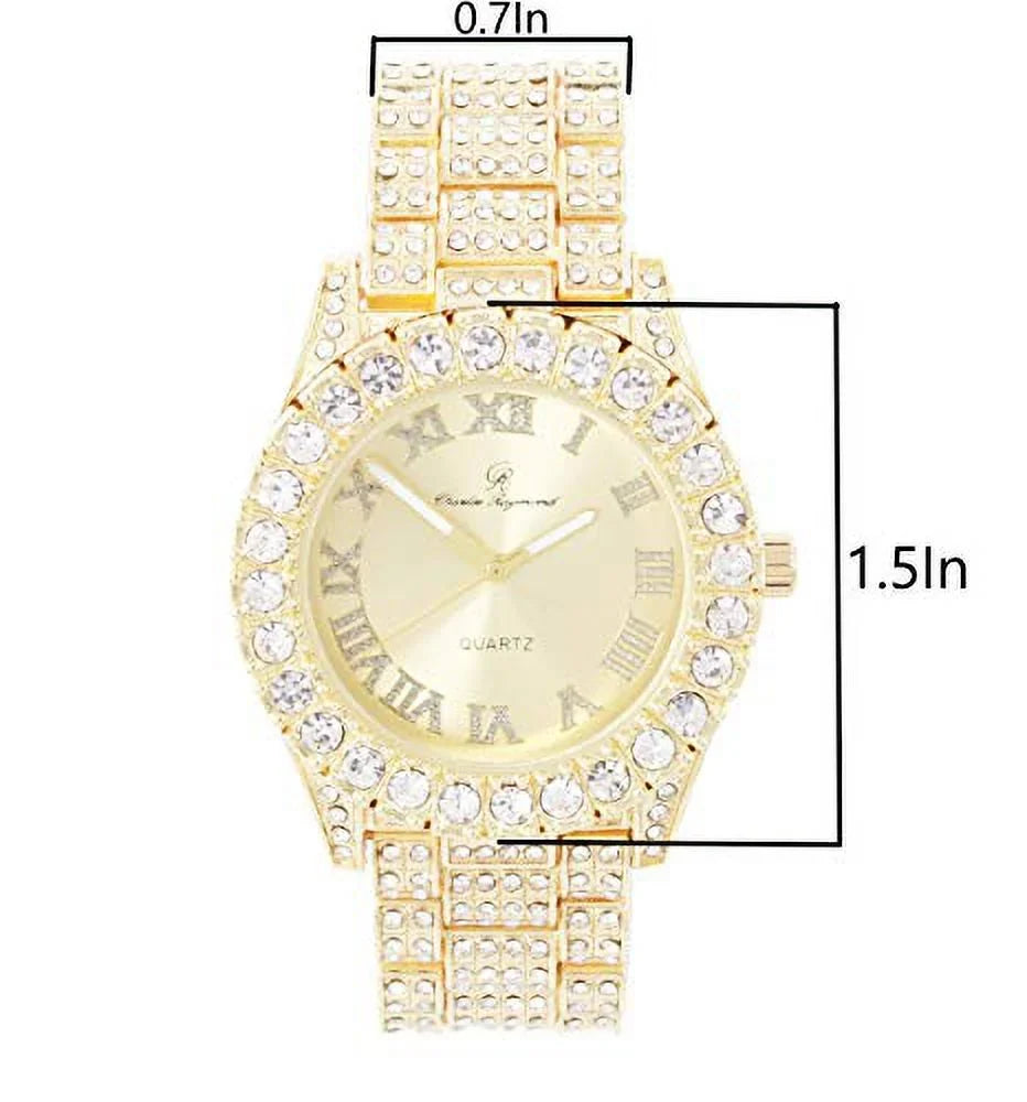 Fully Big Roman ST10327LA (Gold-Gold) Women's Dial Raymond Wristwatch Hop Blinged Out Out Charles - Hip with Rocks Iced Numerals