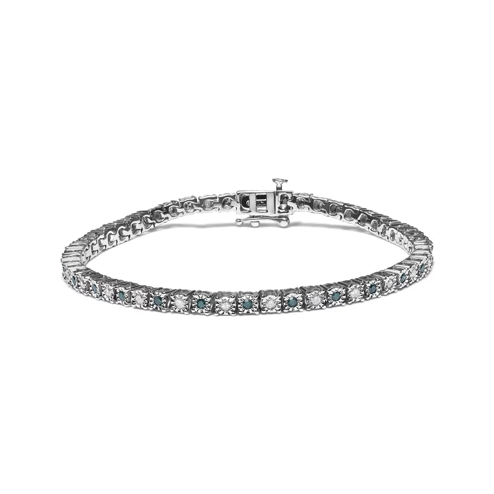 I3 (Green Diamond Clarity) Clasp Tennis cut Box I-J of Cttw Inches Brilliance - Diamond Womens Color, Green Haus Sterling Size and 7" Round 1.0 Treated White Bracelet Silver .925 Alternating with and
