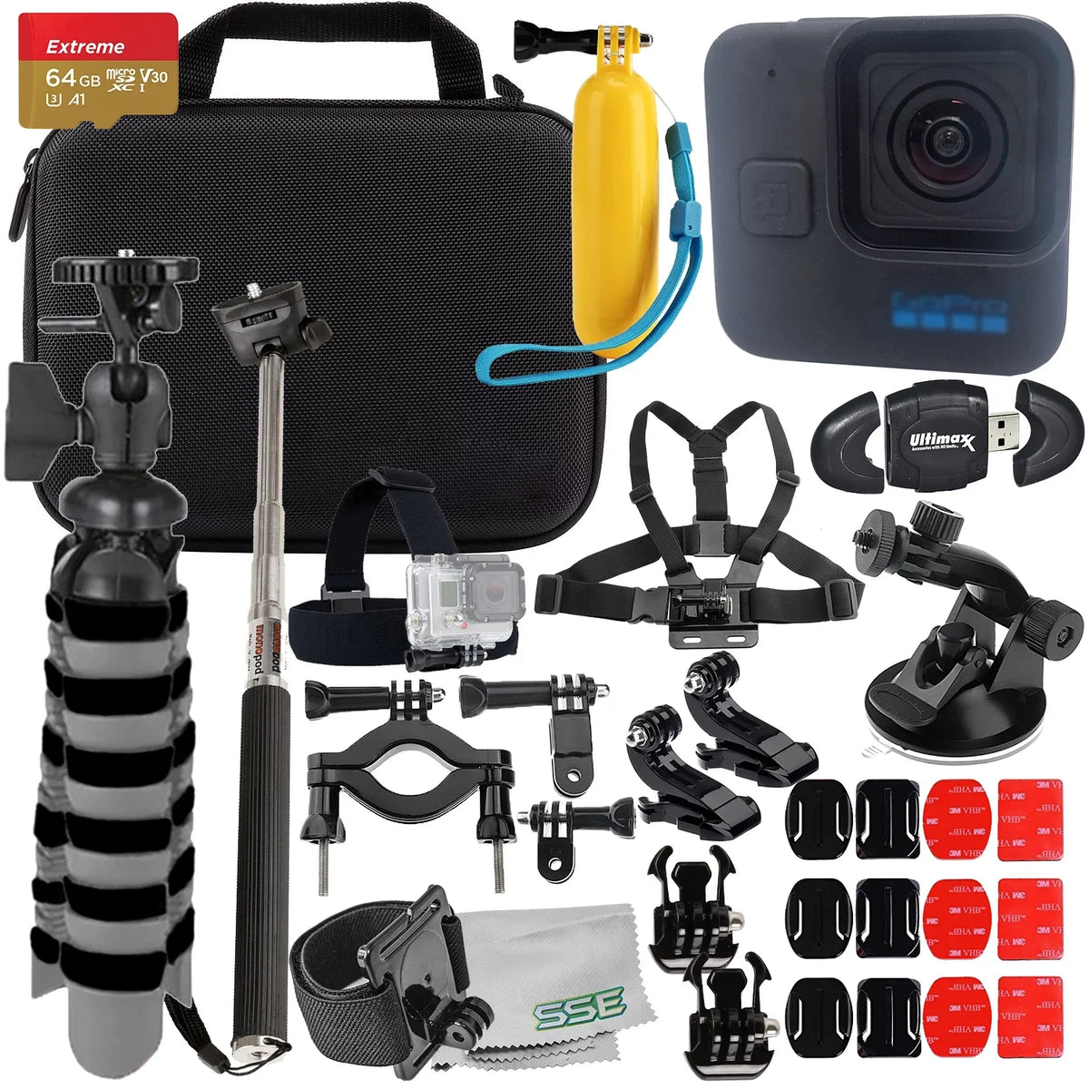 & Bundle / Multi-Adjustable 64GB Bundle) Mini Mount, Pipe Selfie-Stick Black MicroSDXC, Extreme HERO11 Grand More Ultimaxx (27pc Includes: GoPro Much - Bike