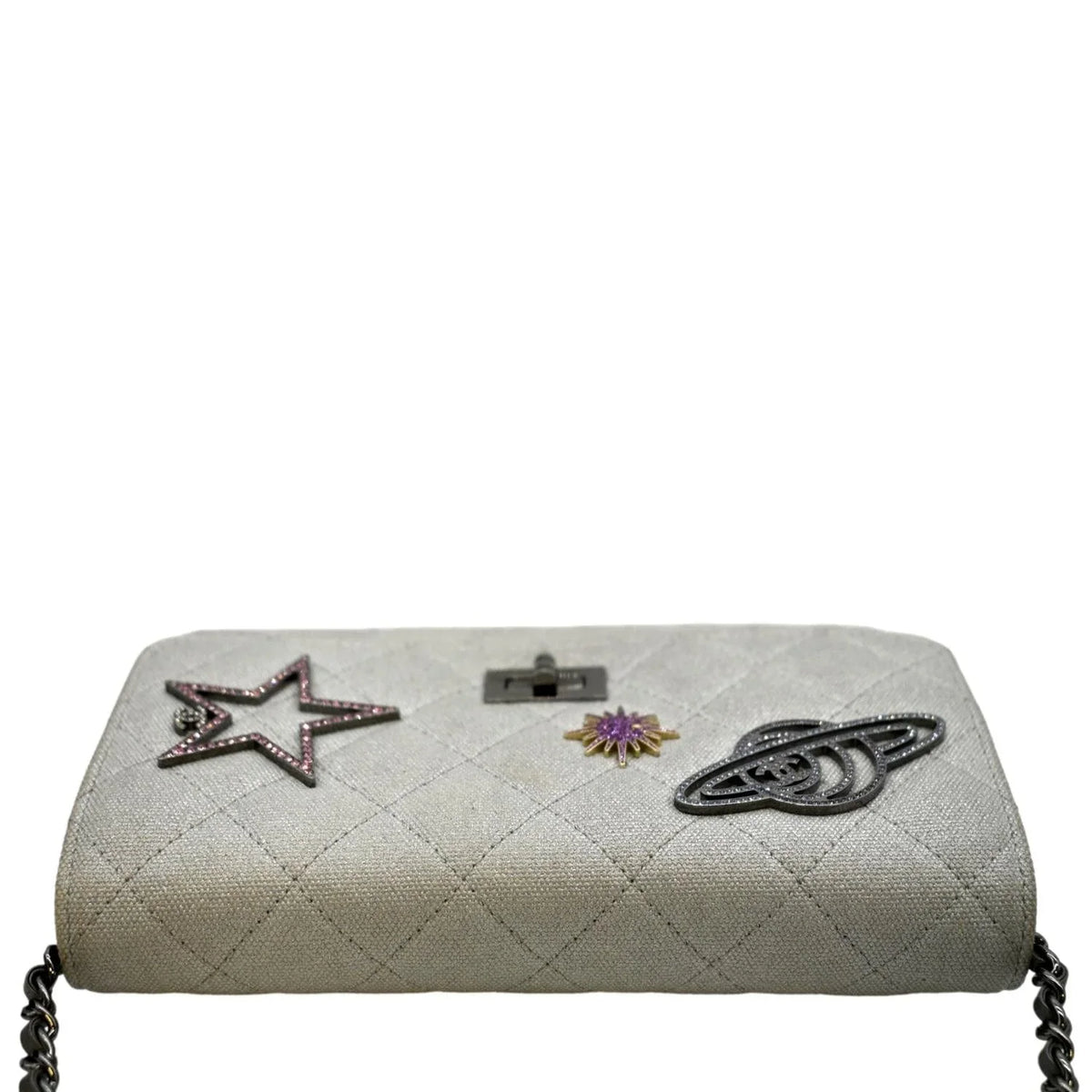 WOC Bag Reissue Crossbody Space Light Canvas Grey Pre-Owned CHANEL Quilted Charm 2.55 Classic