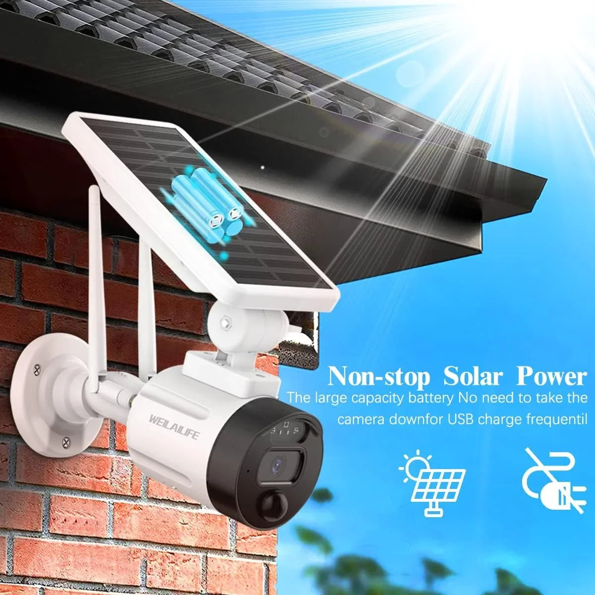(2 Pack) Detection, Camera Surveillance Wi-Fi Security Rechargeable Wireless Solar Outdoor Battery Dual Vision, with 2K Night Camera, Panel, AI Antenna Solar WEILAILIFE