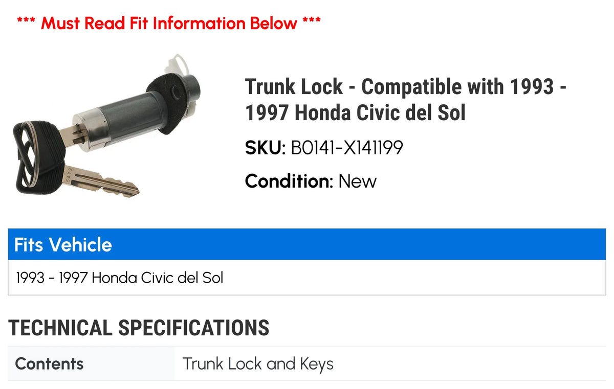 Honda Compatible 1994 - 1995 1996 del Trunk Civic Sol Lock 1993 with 1997 -