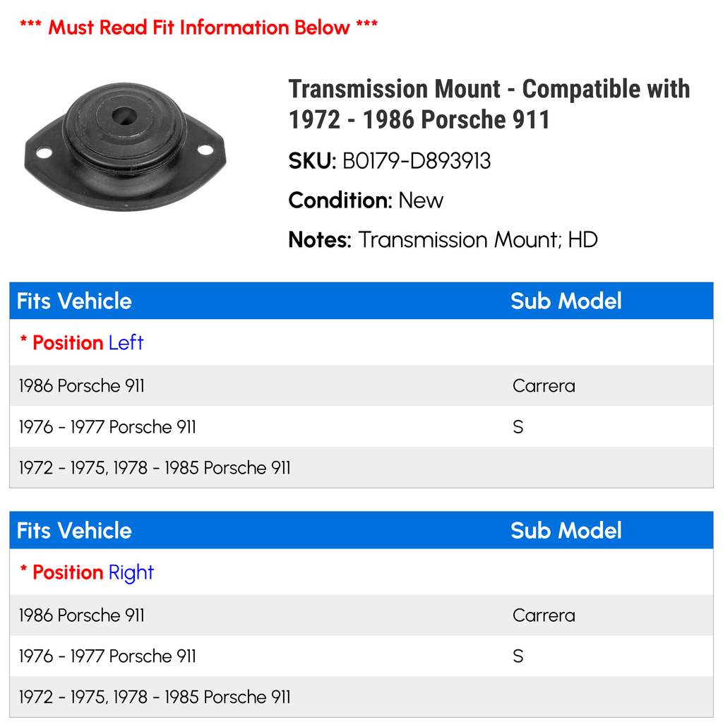 1975 1981 1984 Porsche - 1983 Transmission 1980 Compatible 1972 - 911 Mount 1982 1976 1977 1973 1986 1985 with 1974 1978 1979