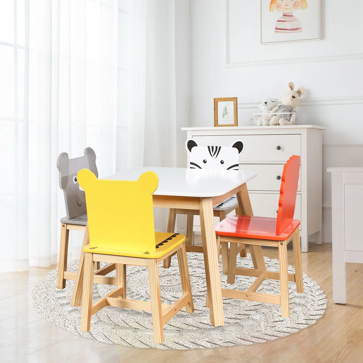 Chair Table Table Table 4 Wood 5 Drawing Kids and Cartoon Animals Toddler Learning for Playing Piece with Kids White Set Crafts Chairs Set