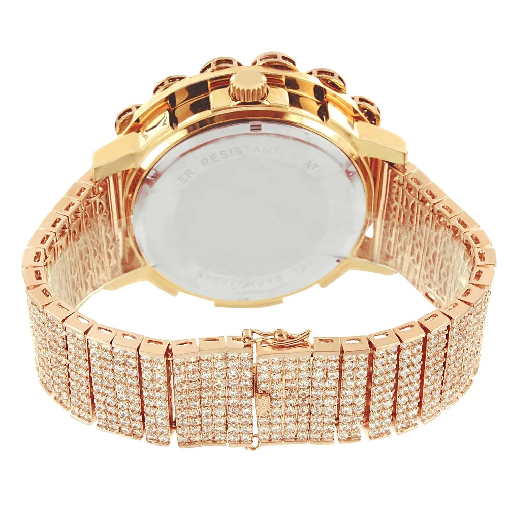 W/Date Real Band Rose Out Big Iced Men's Full Flower 14k Khronos Tone Face Gold Bezel Diamond Watch
