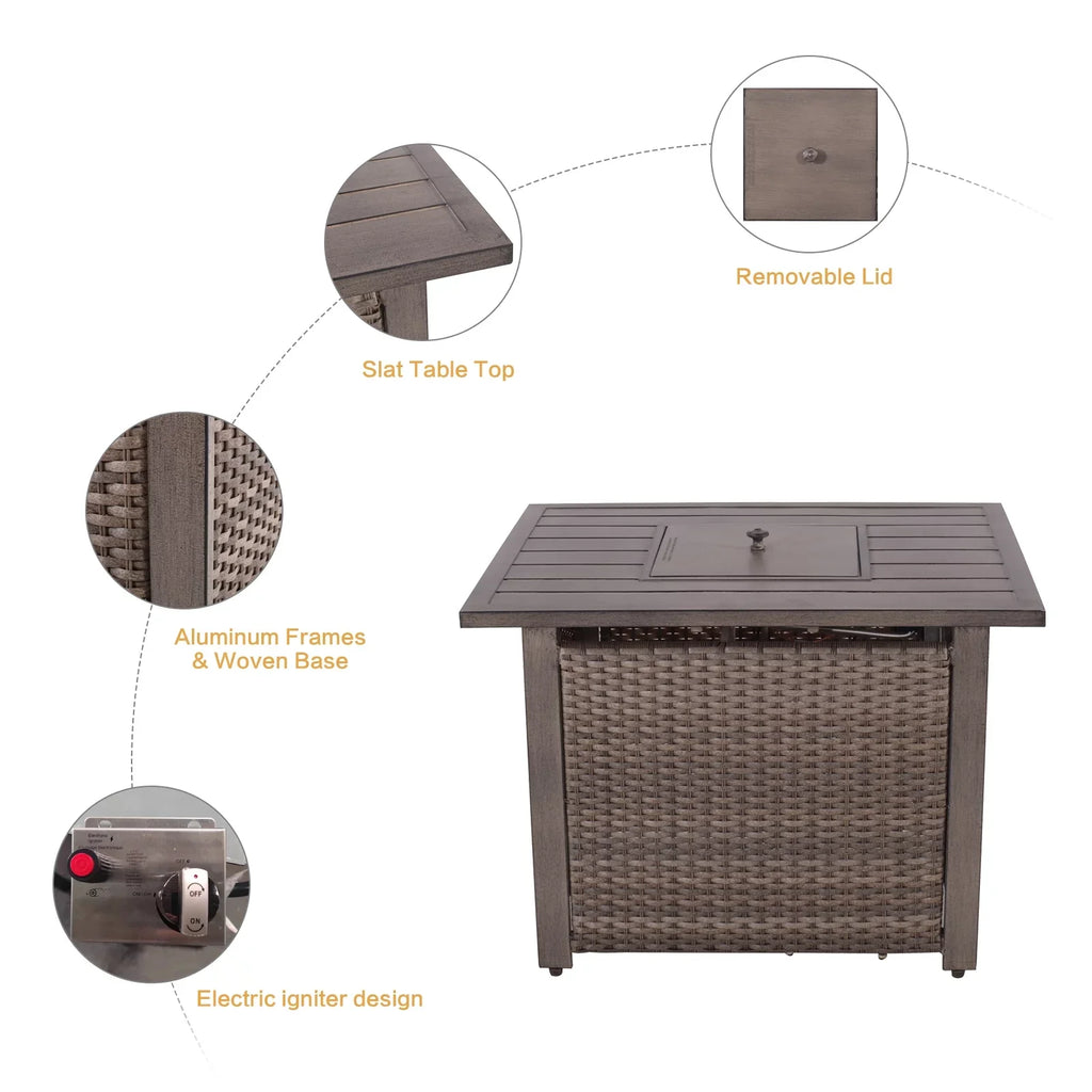 BTU Pit Chairs Table, All-Weather Wicker 5 Outdoor Motion Table, with & for Piece Rocking 4 Propane Gas Garden Set Furniture Fire Yard Deck Patio Firepit Set Conversation 33.8"x27.2" 15000