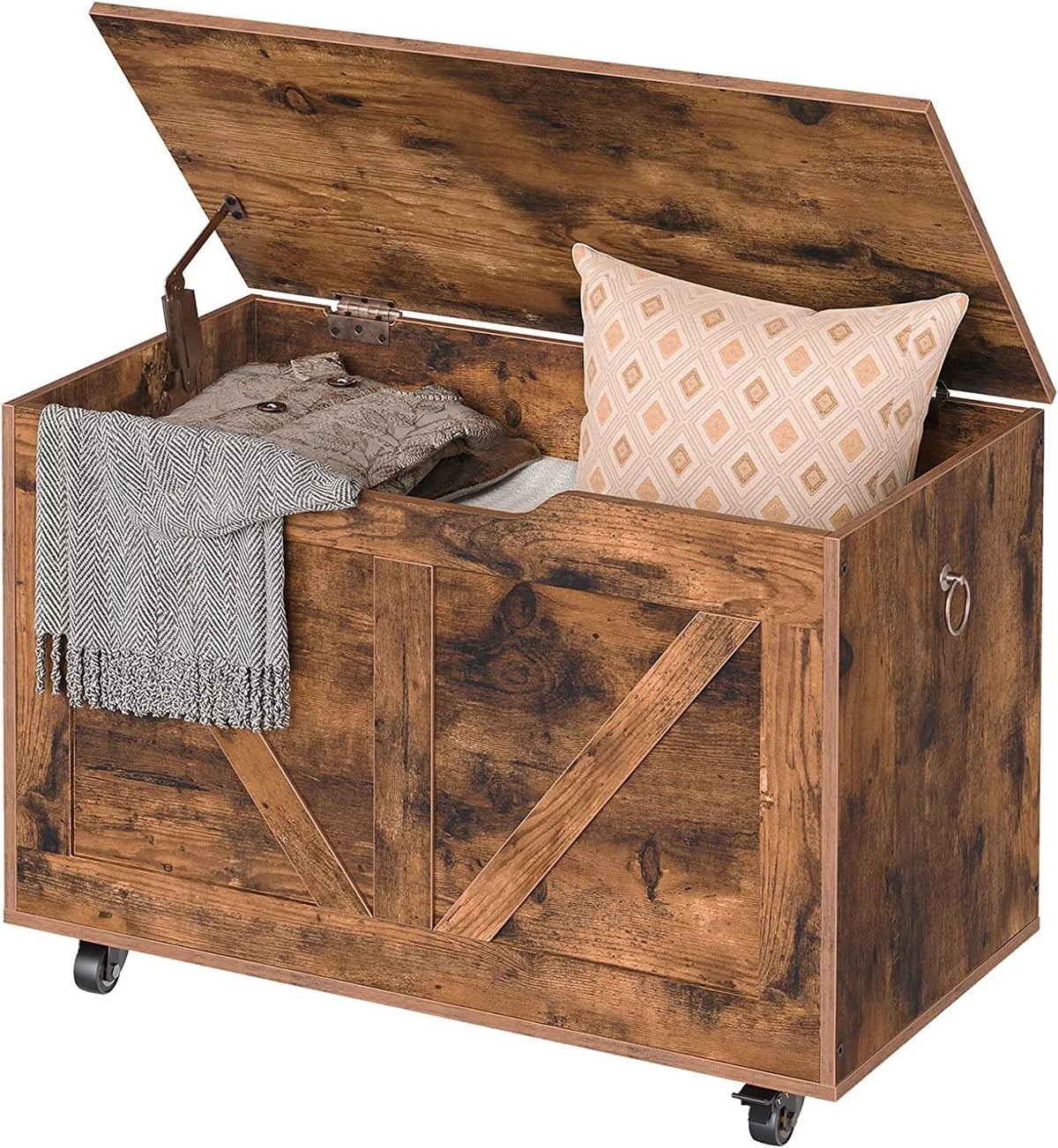 Storage Brown Sturdy Bench, Safety Storage U-Shaped Hinge, Bench Shoe Supports Assembly, Storage on lb, Trunk Rustic Wheels, Bench, Opening, Wooden Movable, FG74CW01 WAGEE Chest, Entryway 220 Easy