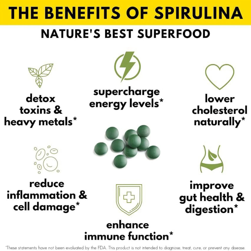 Natural USDA Health Superfood - with Tablet Protein Drink 1000 Supplements Non Greens High & Gut Spirulina Tablets Tab for & Energy Organic Vegan Support, Chlorophyll, Super - Best Sunlit Immune GMO,
