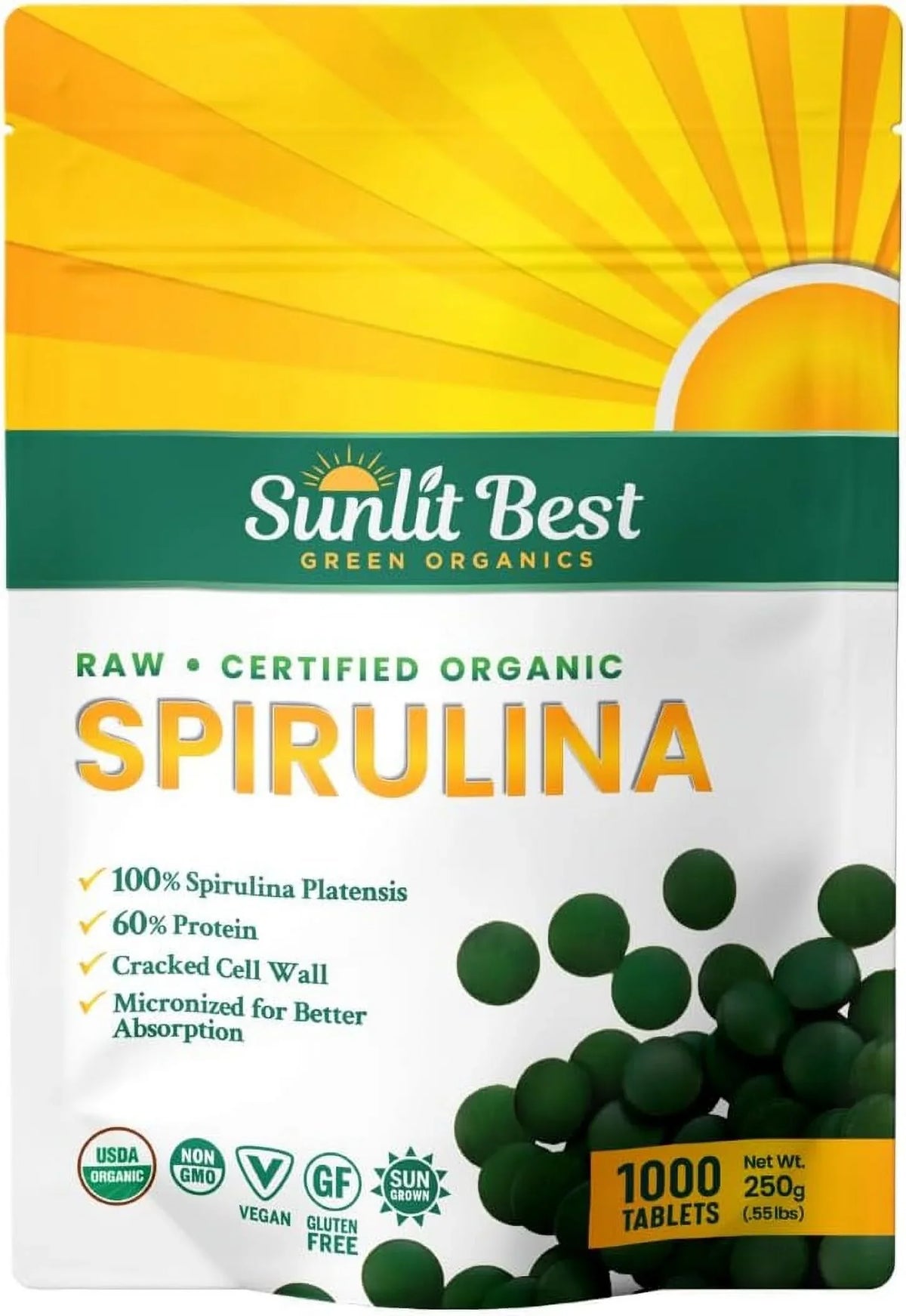 Natural USDA Health Superfood - with Tablet Protein Drink 1000 Supplements Non Greens High & Gut Spirulina Tablets Tab for & Energy Organic Vegan Support, Chlorophyll, Super - Best Sunlit Immune GMO,